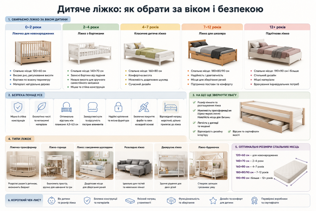 Інфографіка про вибір дитячого ліжка за віком дитини, розмірами спального місця, типом конструкції та вимогами безпеки