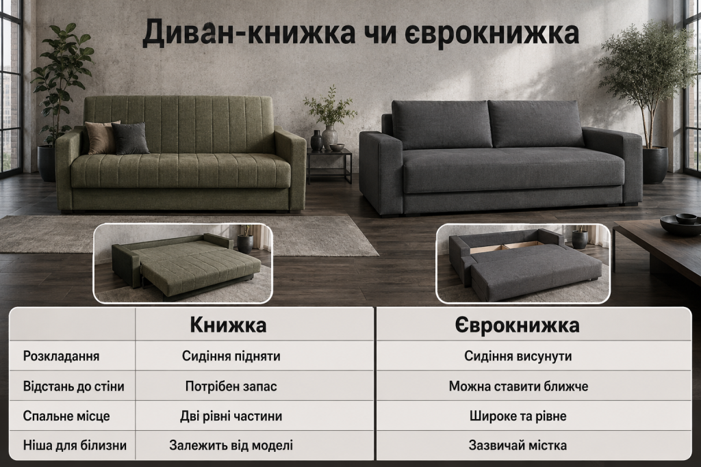 Інфографіка порівняння дивана-книжки та єврокнижки за способом розкладання, спальним місцем і конструкцією