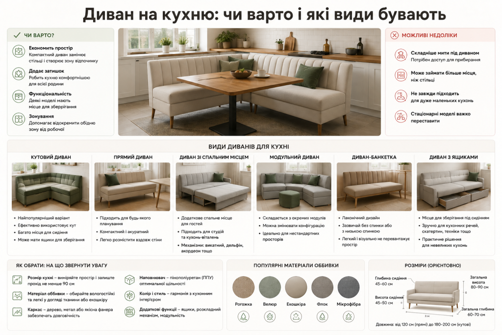 Інфографіка про види диванів для кухні, їх переваги, недоліки, матеріали оббивки, розміри та критерії вибору