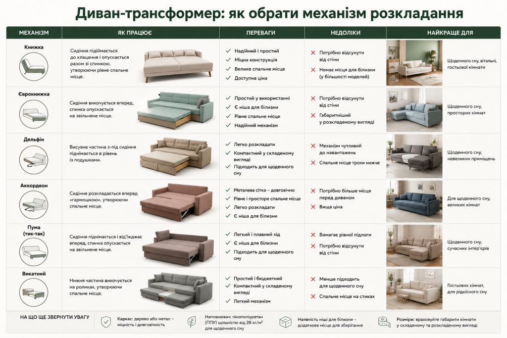 Інфографіка з видами механізмів розкладання дивана-трансформера, їх перевагами, недоліками та особливостями використання
