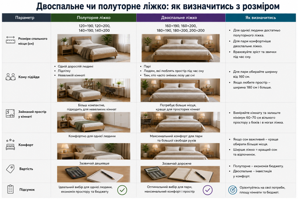 Інфографіка з порівнянням розмірів двоспального та полуторного ліжка, комфорту й займаного простору