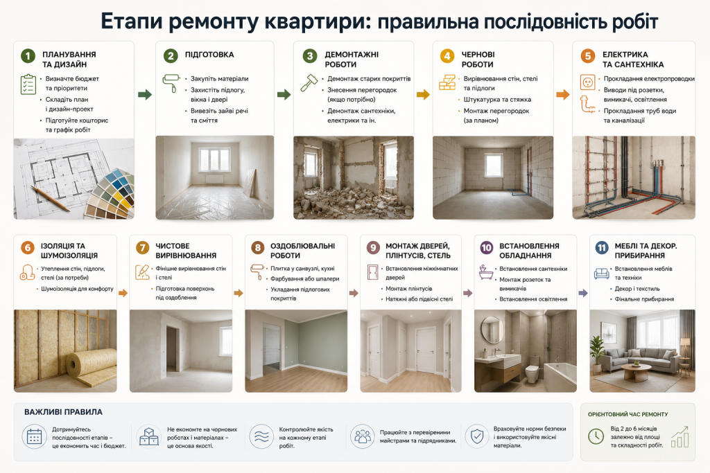Інфографіка з правильною послідовністю етапів ремонту квартири від планування і демонтажу до оздоблення, монтажу обладнання та меблів