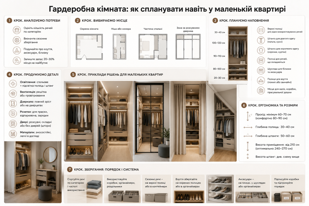 Інфографіка про планування гардеробної кімнати в маленькій квартирі, розміщення полиць, штанг, взуття та систем зберігання