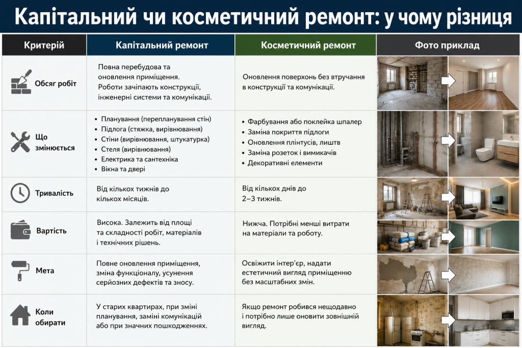 Інфографіка з порівнянням капітального та косметичного ремонту квартири за роботами, ціною і тривалістю