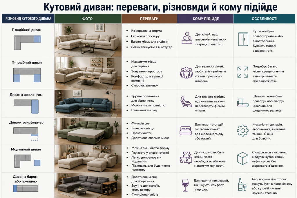 Інфографіка про види кутових диванів, їхні переваги, особливості та варіанти використання