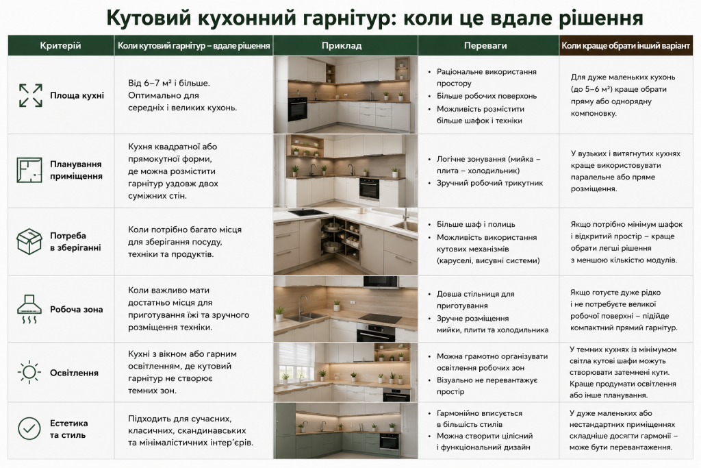 Інфографіка про кутовий кухонний гарнітур, його переваги, планування, робочу зону та оптимальну площу кухні