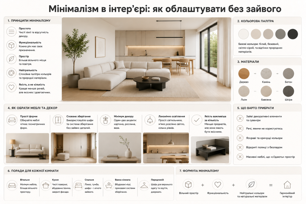 Інфографіка про мінімалізм в інтер’єрі, нейтральні кольори, натуральні матеріали, функціональні меблі та мінімум декору