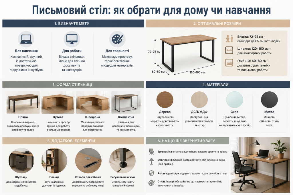 Інфографіка про вибір письмового столу за розмірами, формою, матеріалом і призначенням