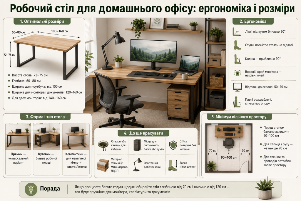 Інфографіка про оптимальні розміри та ергономіку робочого столу для домашнього офісу, правильну посадку і організацію робочого місця