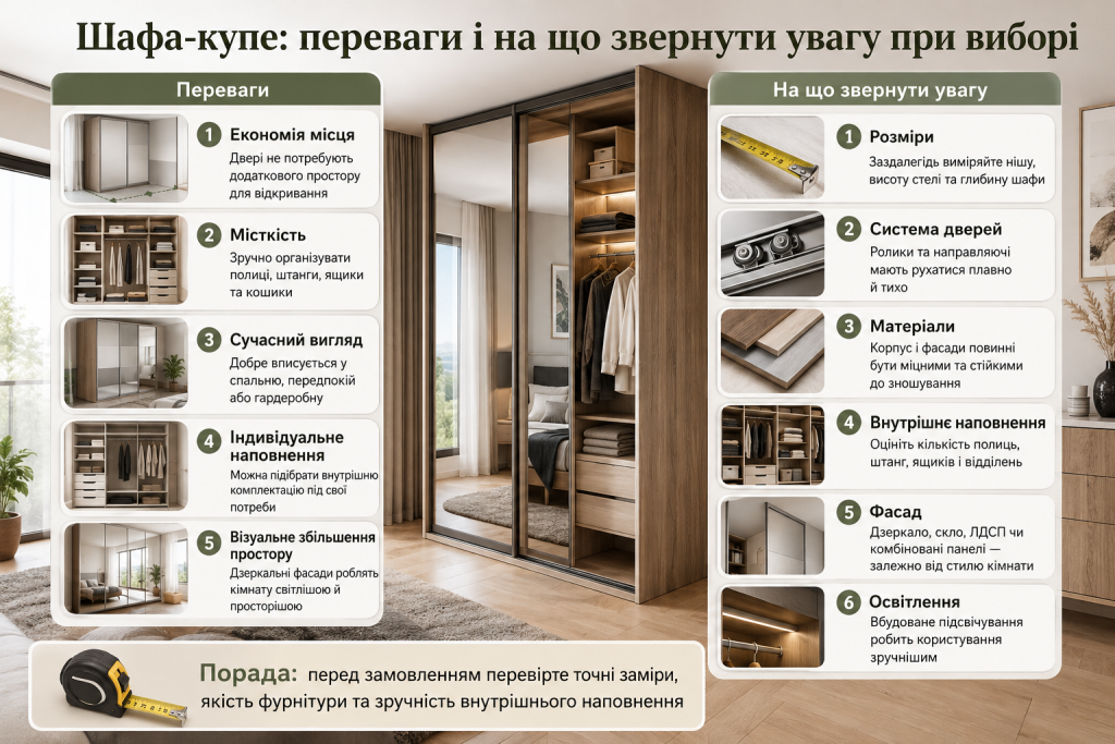 Інфографіка про переваги шафи-купе, розміри, матеріали, дверну систему та наповнення