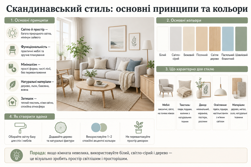 Інфографіка про скандинавський стиль в інтер’єрі, основні кольори, натуральні матеріали, меблі, освітлення та декор