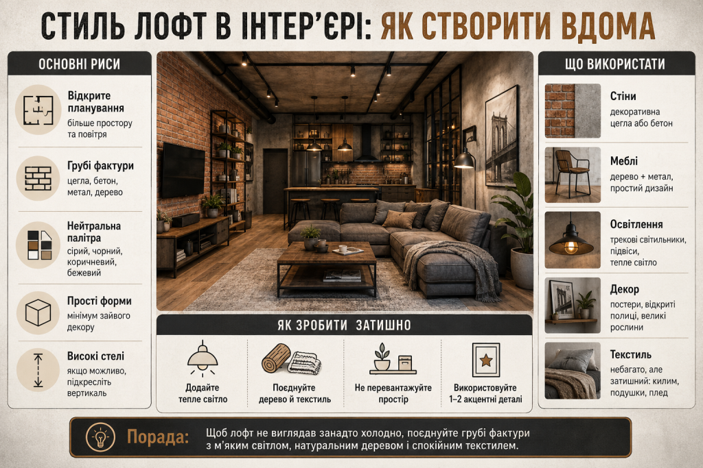 Інфографіка про стиль лофт в інтер’єрі, вибір меблів, освітлення, декору та матеріалів