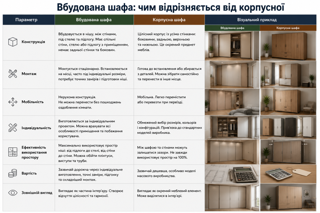 Інфографіка з порівнянням вбудованої та корпусної шафи за конструкцією, монтажем, ціною і мобільністю