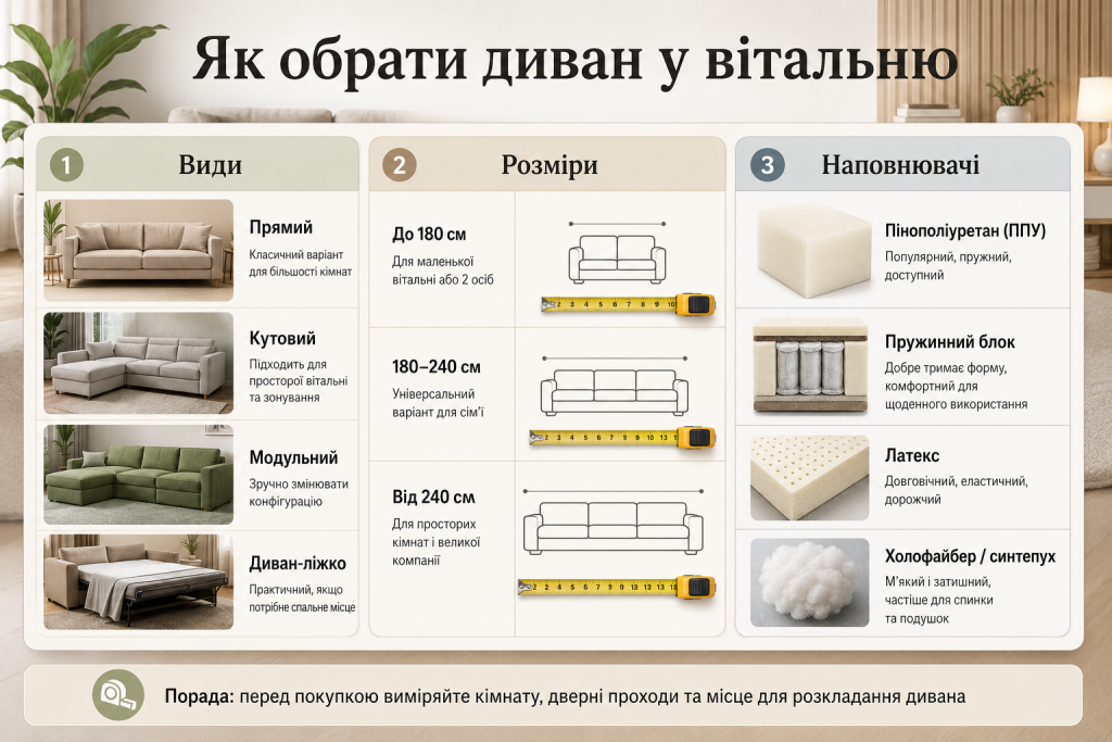 Інфографіка про вибір дивана у вітальню за типом, розміром і наповнювачем