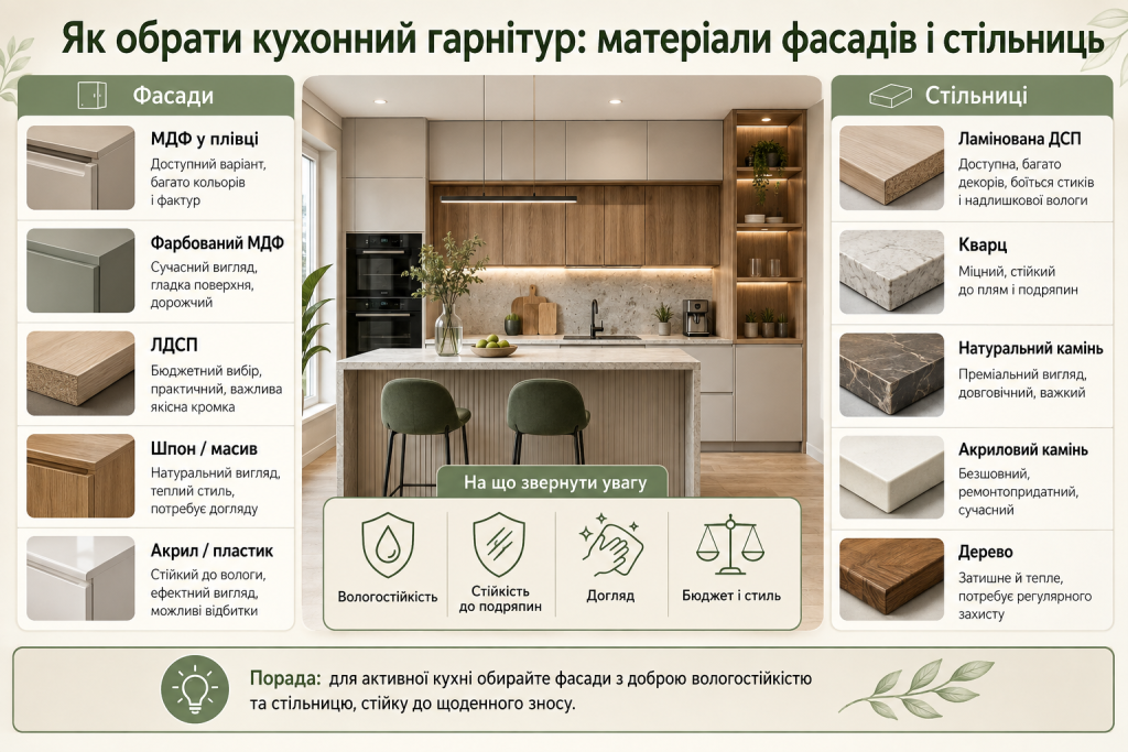 Інфографіка про вибір кухонного гарнітура, матеріалів фасадів і стільниць для кухні