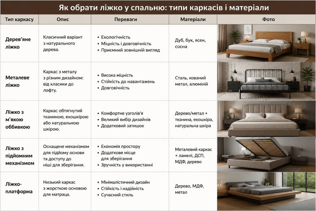 Інфографіка про вибір ліжка у спальню та порівняння дерев’яних, металевих і м’яких каркасів