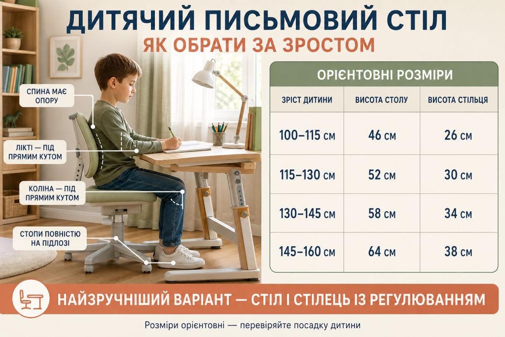 Інфографіка з рекомендованою висотою дитячого письмового столу та стільця залежно від зросту дитини