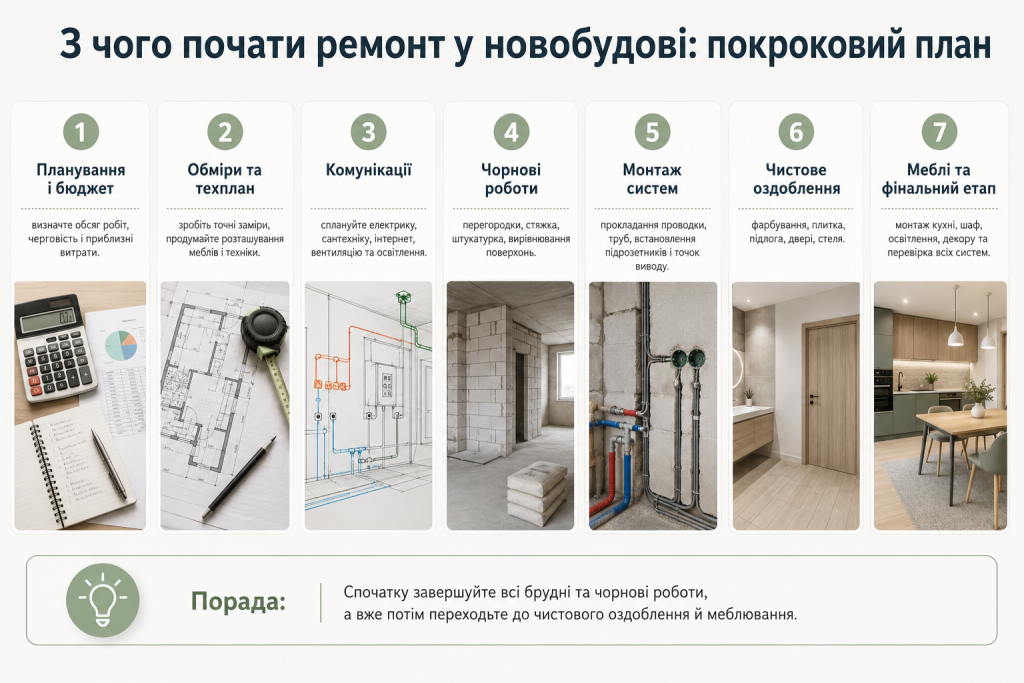 Інфографіка з покроковим планом ремонту у новобудові від планування бюджету та комунікацій до оздоблення і монтажу меблів