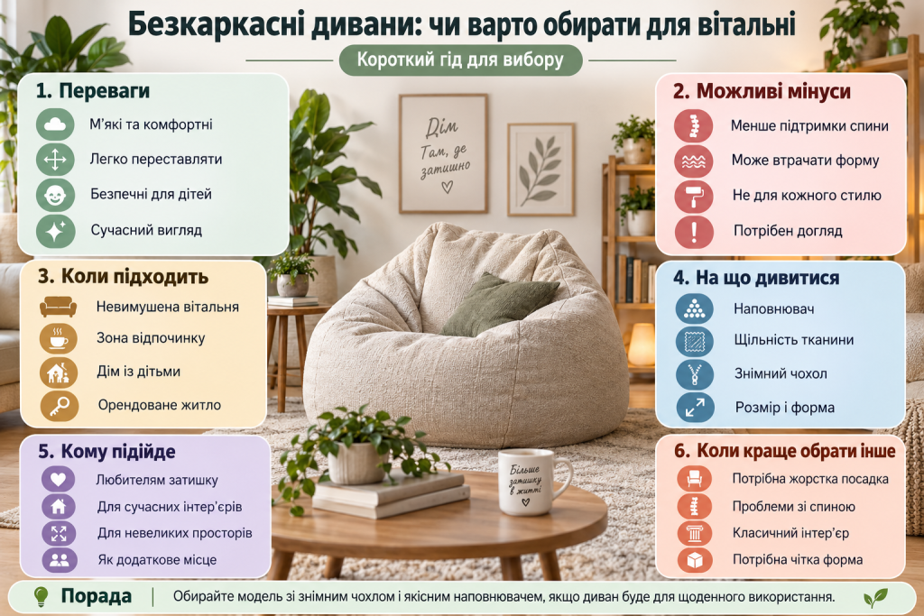 Інфографіка про безкаркасні дивани для вітальні, їх переваги, можливі недоліки, наповнювач, тканину, форму та особливості догляду.