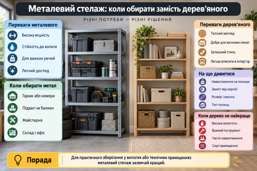 Інфографіка з порівнянням металевого та дерев’яного стелажа, їх міцності, вологостійкості, призначення та особливостей використання.