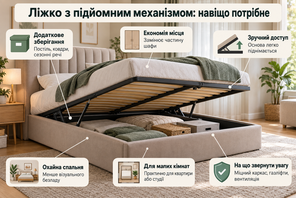 Інфографіка про ліжко з підйомним механізмом: додаткове місце для зберігання, економія простору, зручний доступ до речей та особливості конструкції.