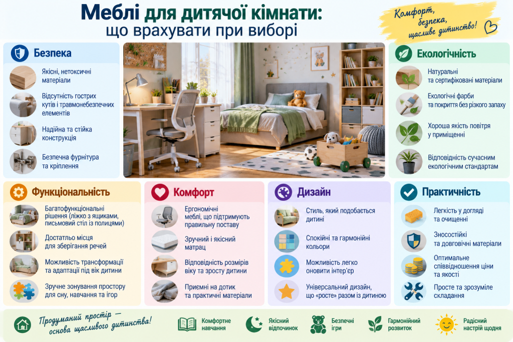 Інфографіка про вибір меблів для дитячої кімнати з урахуванням безпеки, функціональності, комфорту, дизайну та практичності