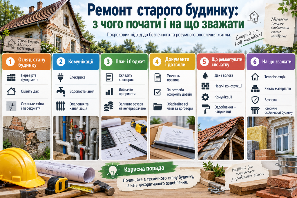 Інфографіка про основні етапи ремонту старого будинку від оцінки фундаменту і даху до комунікацій, бюджету та дозволів